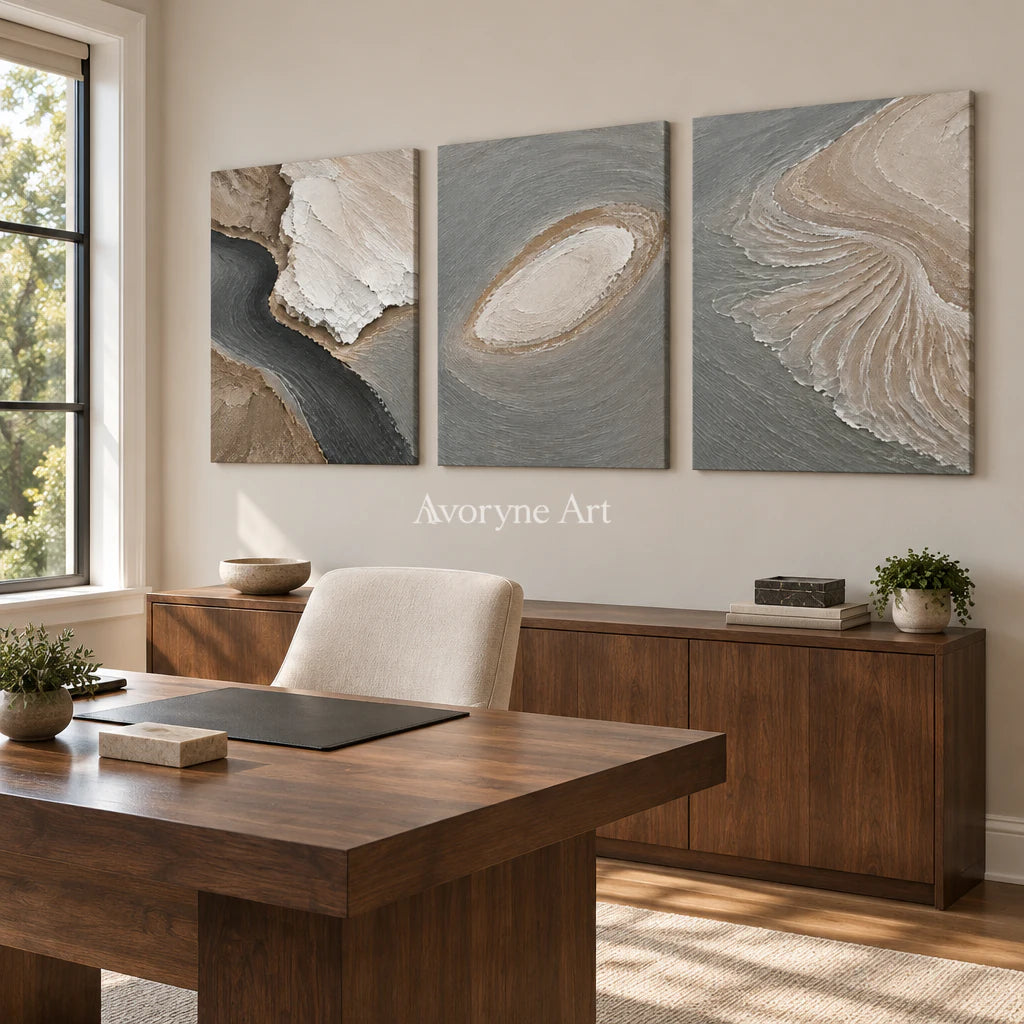 Coastal Fragments: Gray Shore Triptych Wall Art — office frameless