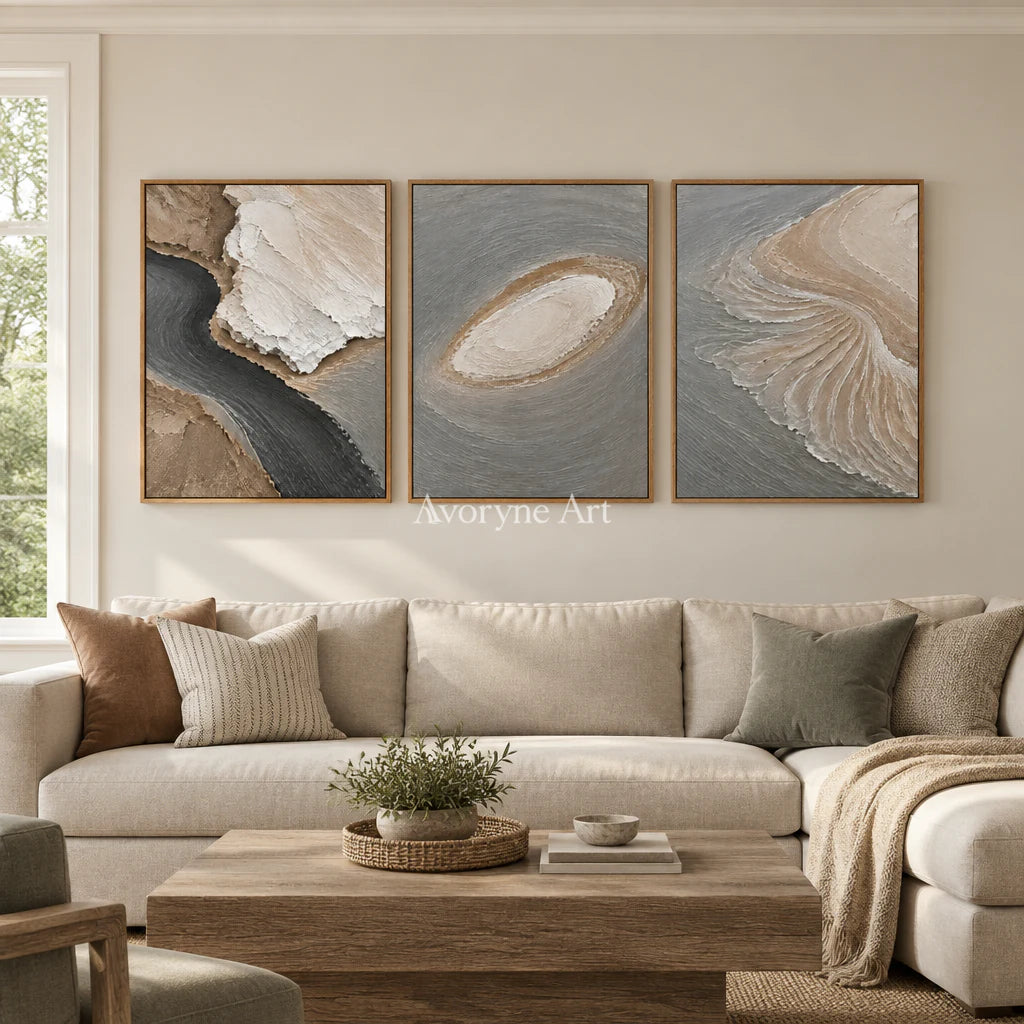 Coastal Fragments: Gray Shore Triptych Wall Art — villa wood