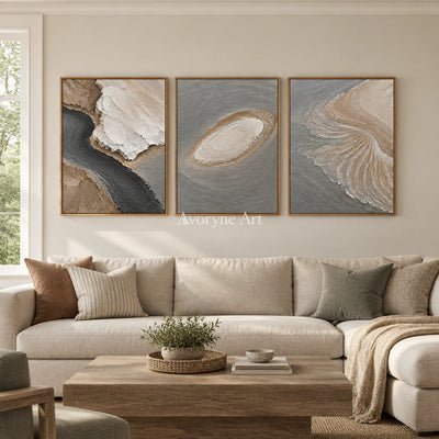 Coastal Fragments: Gray Shore Triptych Wall Art — villa wood