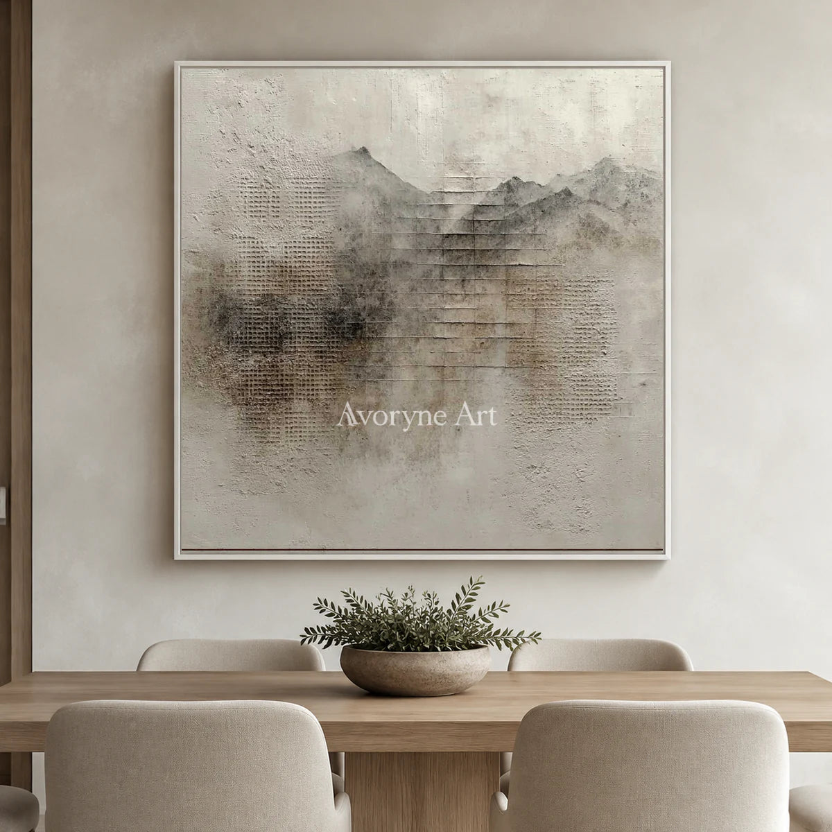 Weathered Altitude: Gray Textured Mountain Abstract Wall Art — dining white