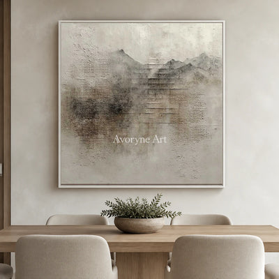 Weathered Altitude: Gray Textured Mountain Abstract Wall Art — dining white