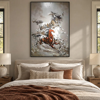 Hooves in Ascent: Gray Textured Running Horses Wall Art — bedroom black