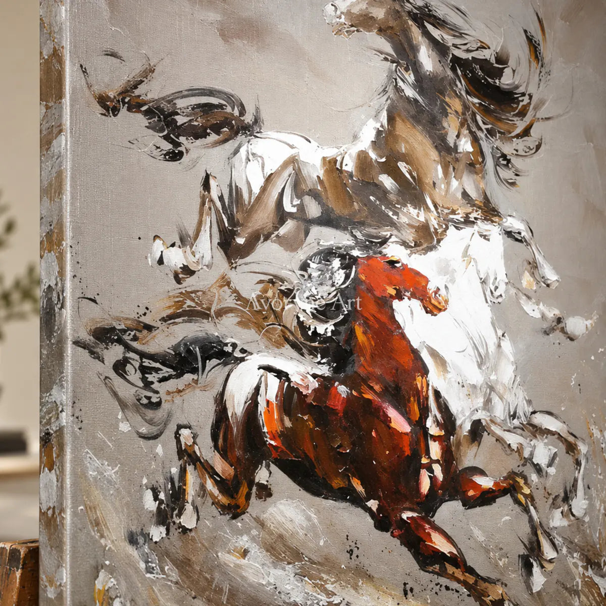 Hooves in Ascent: Gray Textured Running Horses Wall Art — detail easel