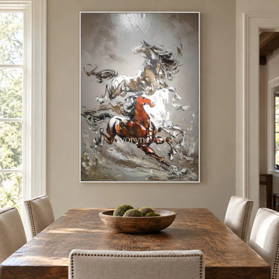 Hooves in Ascent: Gray Textured Running Horses Wall Art — dining white