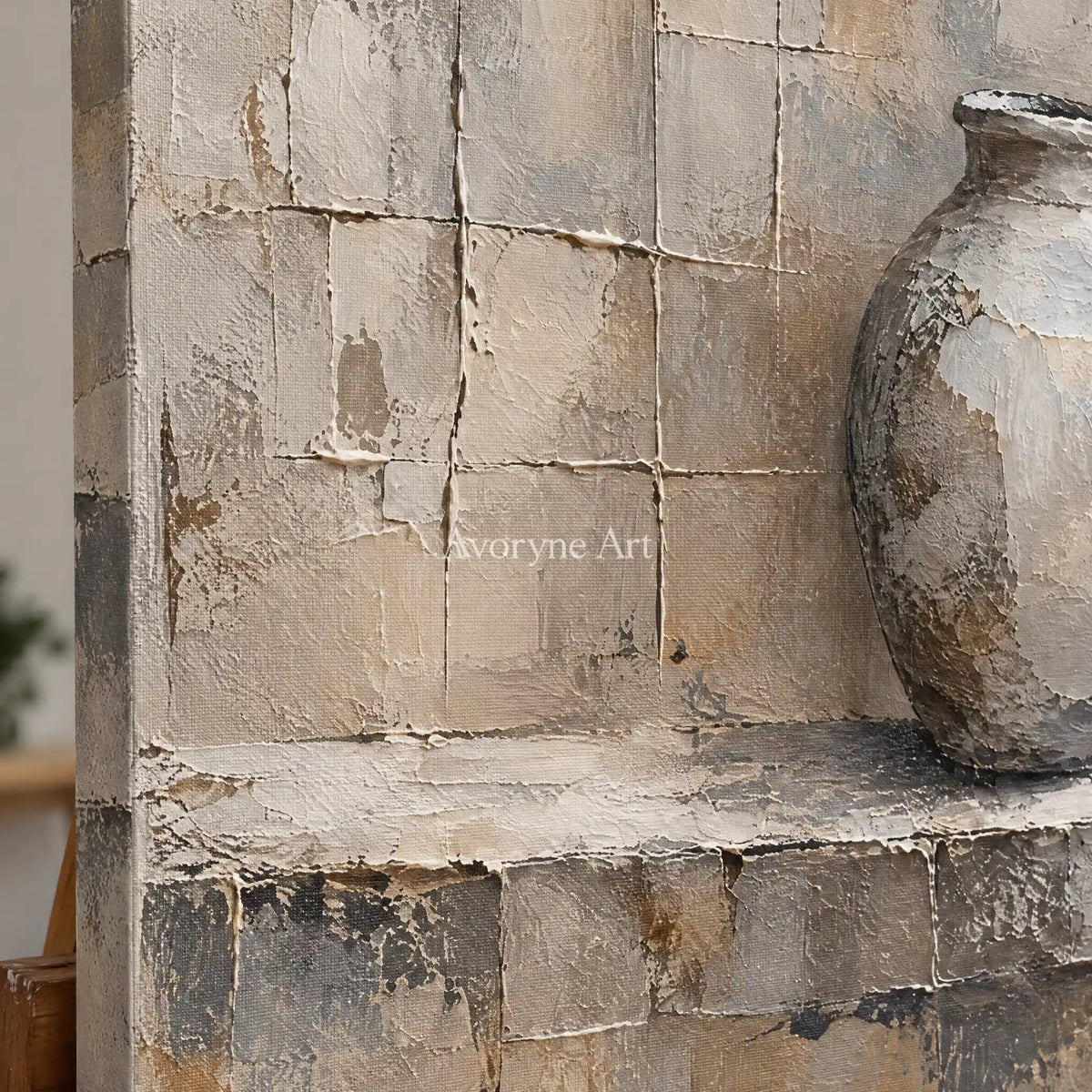 Quiet Kiln: Gray Vase Textured Wall Art Wall Art — detail easel