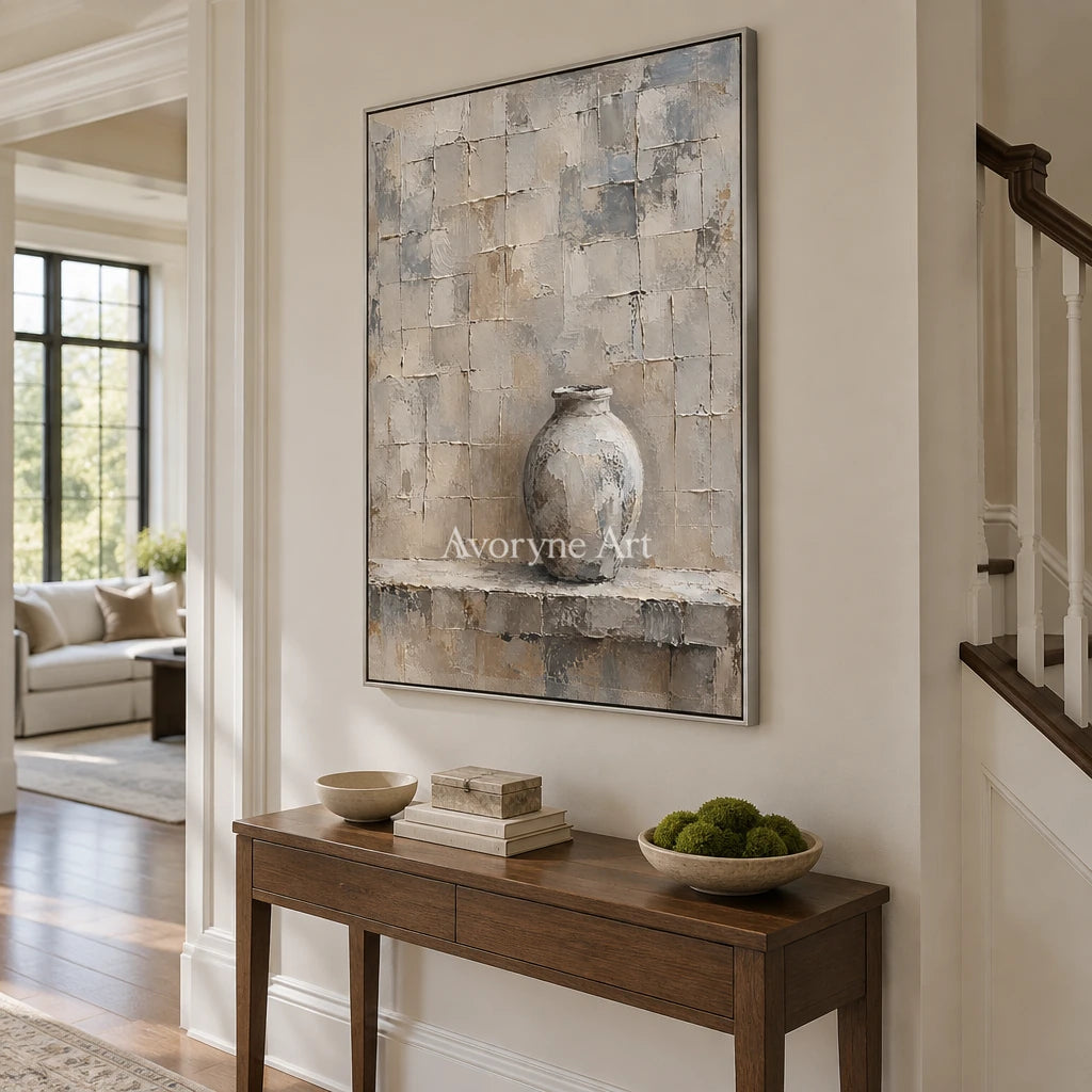 Quiet Kiln: Gray Vase Textured Wall Art Wall Art — entry silver