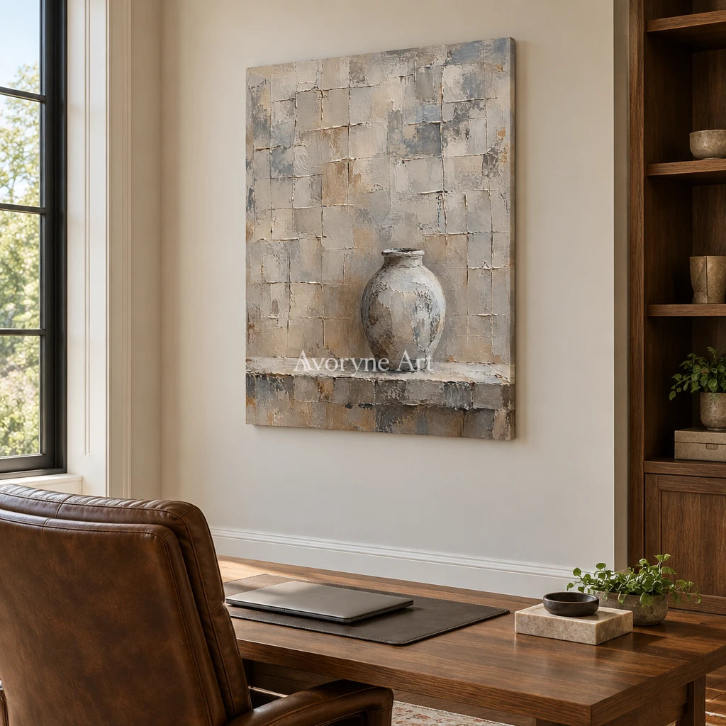 Quiet Kiln: Gray Vase Textured Wall Art Wall Art — office frameless