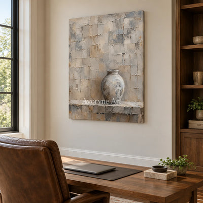 Quiet Kiln: Gray Vase Textured Wall Art Wall Art — office frameless