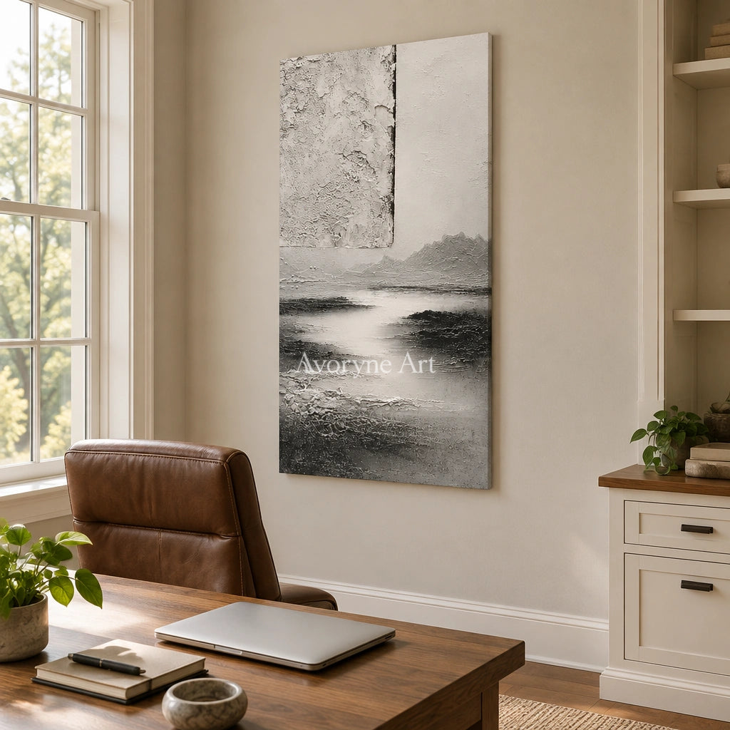 Pale Refrain gray water landscape wall art as a frameless stretched canvas in a home office