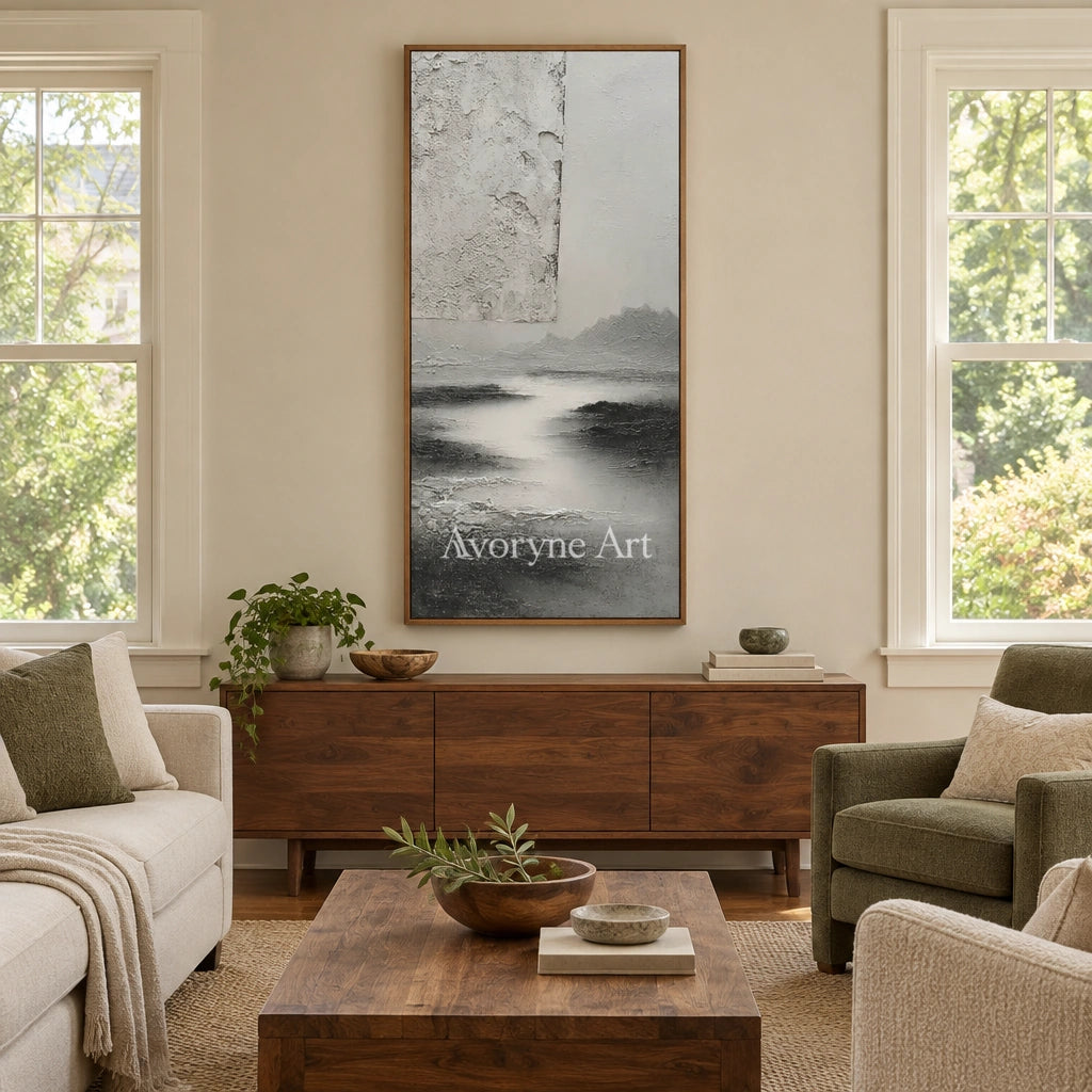 Pale Refrain gray water landscape wall art with a wood frame in a villa living space