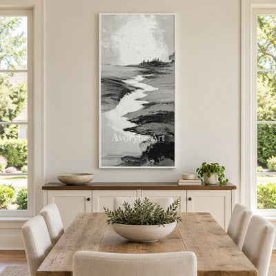 Pale Measure gray water landscape wall art with a white frame in a dining room
