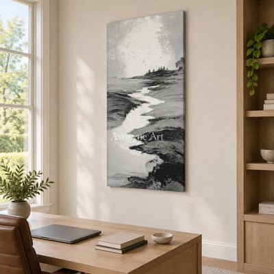 Pale Measure gray water landscape wall art as a frameless stretched canvas in a home office