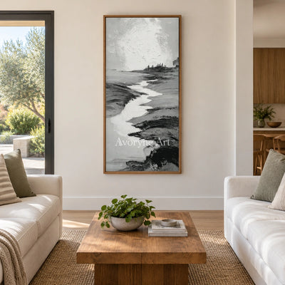 Pale Measure gray water landscape wall art with a wood frame in a villa living space