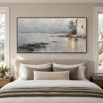 Harbor Glimmer: Gray Waterside Landscape Art — bedroom black