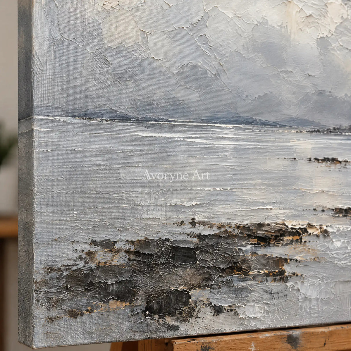 Harbor Glimmer: Gray Waterside Landscape Art — detail easel