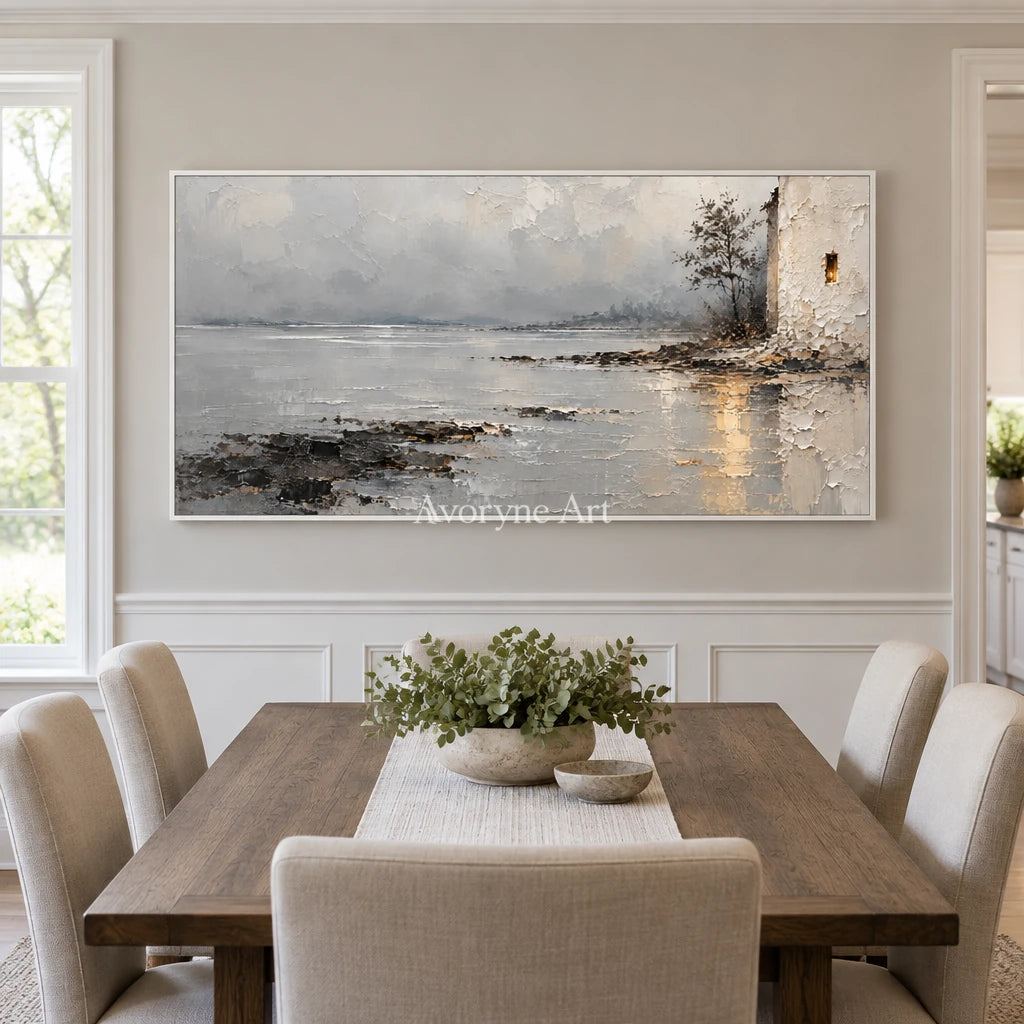 Harbor Glimmer: Gray Waterside Landscape Art — dining white