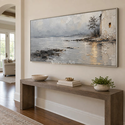 Harbor Glimmer: Gray Waterside Landscape Art — entry silver