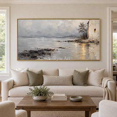 Harbor Glimmer: Gray Waterside Landscape Art — living gold