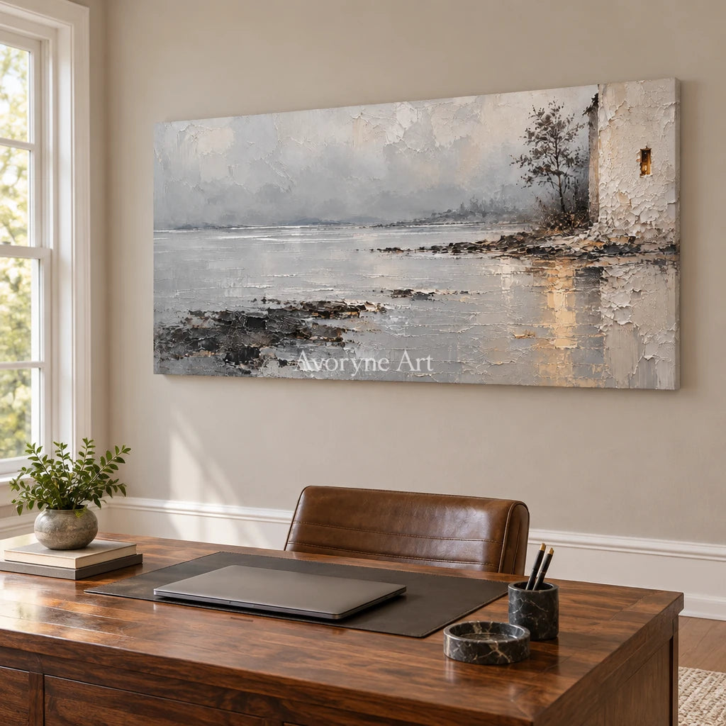Harbor Glimmer: Gray Waterside Landscape Art — office frameless