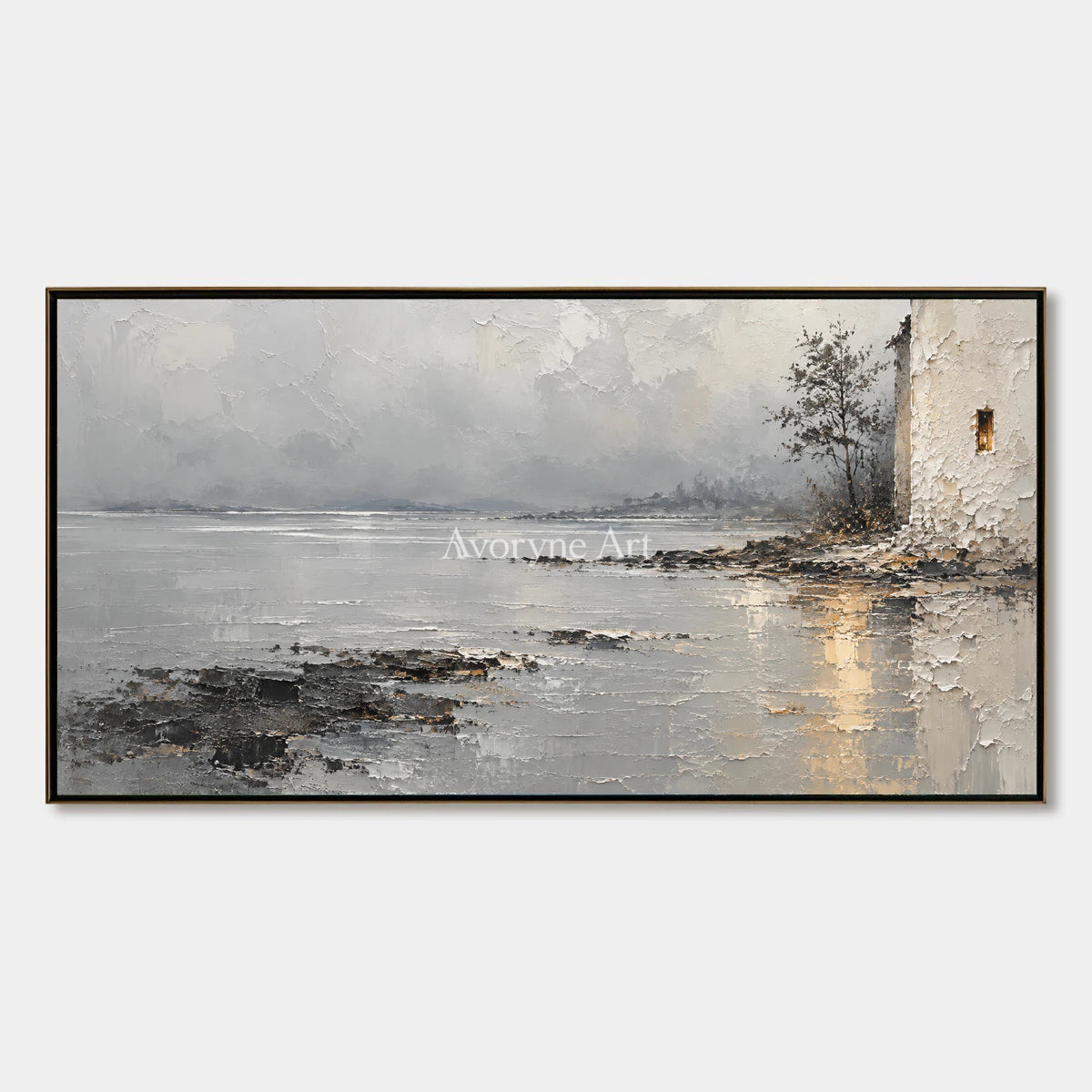 Harbor Glimmer: Gray Waterside Landscape Art — primary