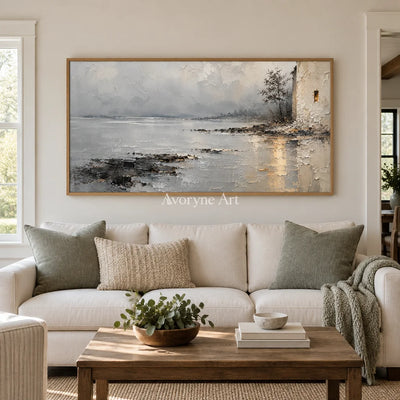 Harbor Glimmer: Gray Waterside Landscape Art — villa wood