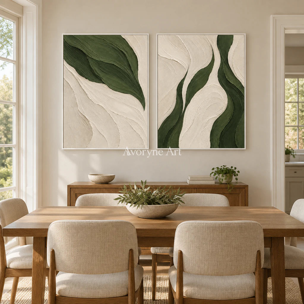 Verdant Current: Green Abstract Diptych Wall Art — dining white