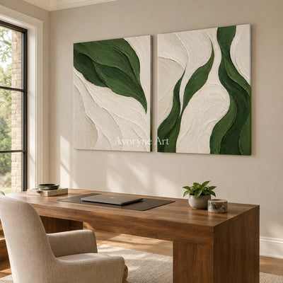 Verdant Current: Green Abstract Diptych Wall Art — office frameless