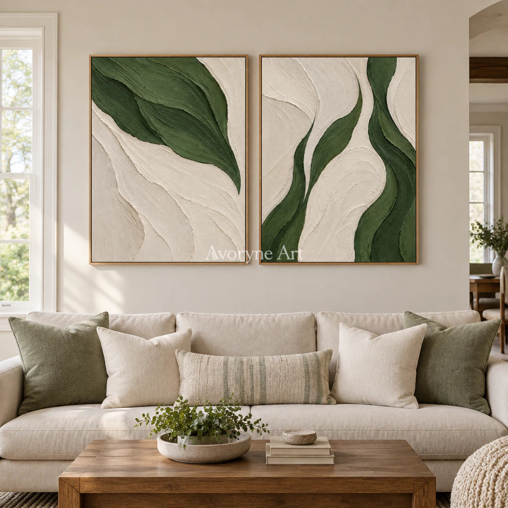 Verdant Current: Green Abstract Diptych Wall Art — villa wood