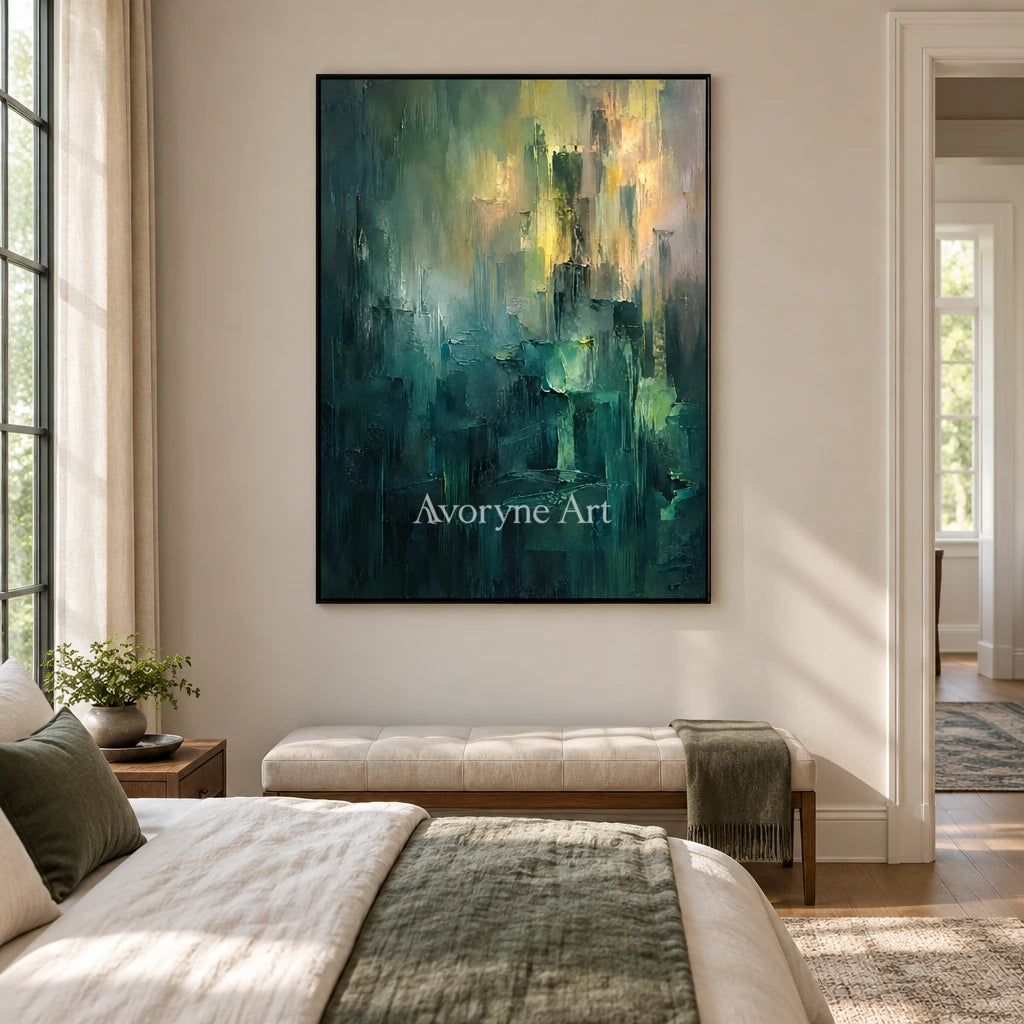 Verdant Glimmer: Green Abstract Layers Wall Art — bedroom black