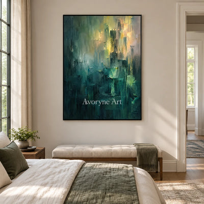 Verdant Glimmer: Green Abstract Layers Wall Art — bedroom black