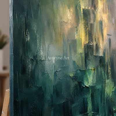 Verdant Glimmer: Green Abstract Layers Wall Art — detail easel