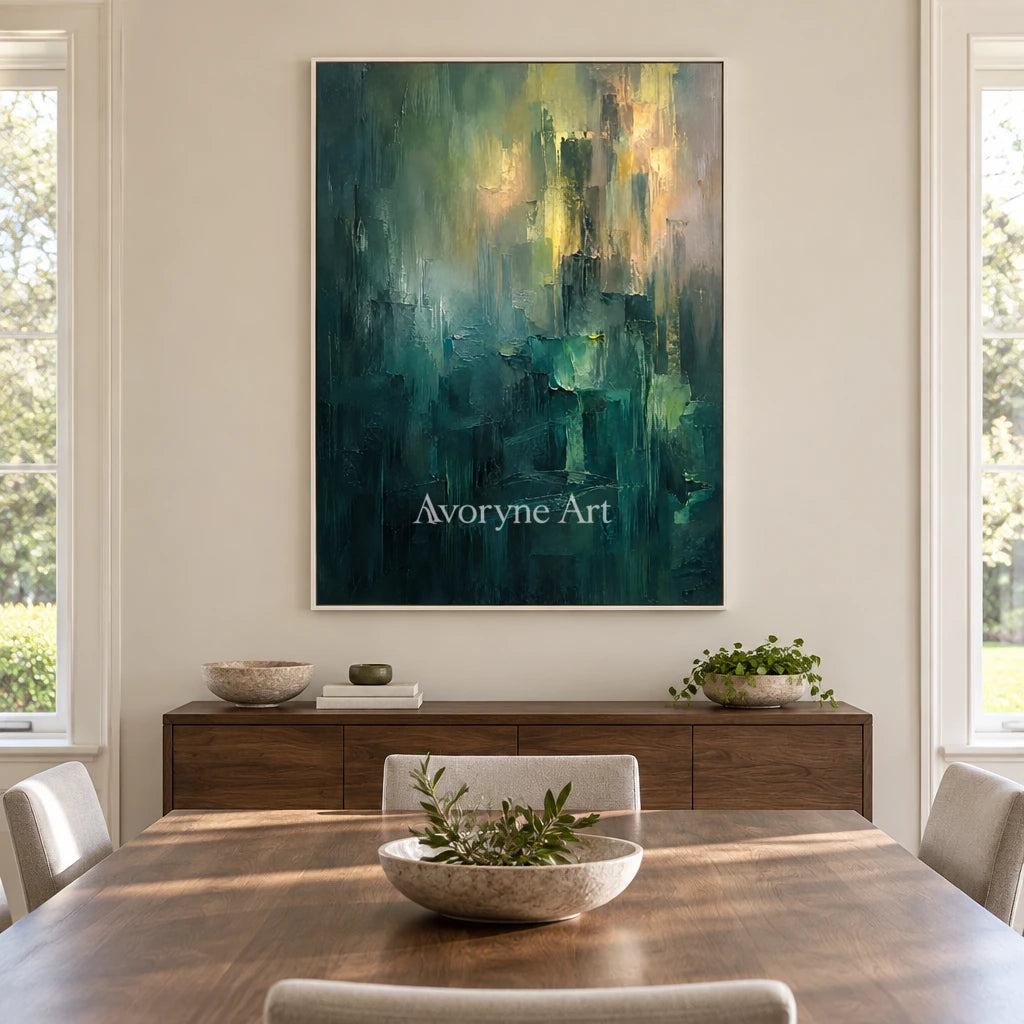 Verdant Glimmer: Green Abstract Layers Wall Art — dining white