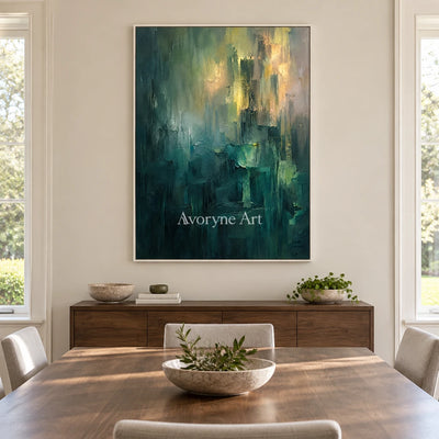 Verdant Glimmer: Green Abstract Layers Wall Art — dining white