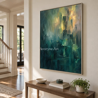 Verdant Glimmer: Green Abstract Layers Wall Art — entry silver