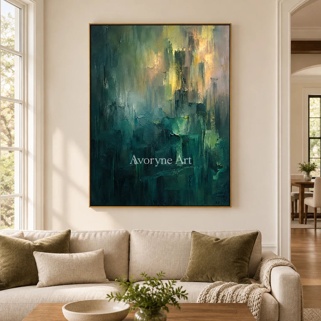 Verdant Glimmer: Green Abstract Layers Wall Art — living gold