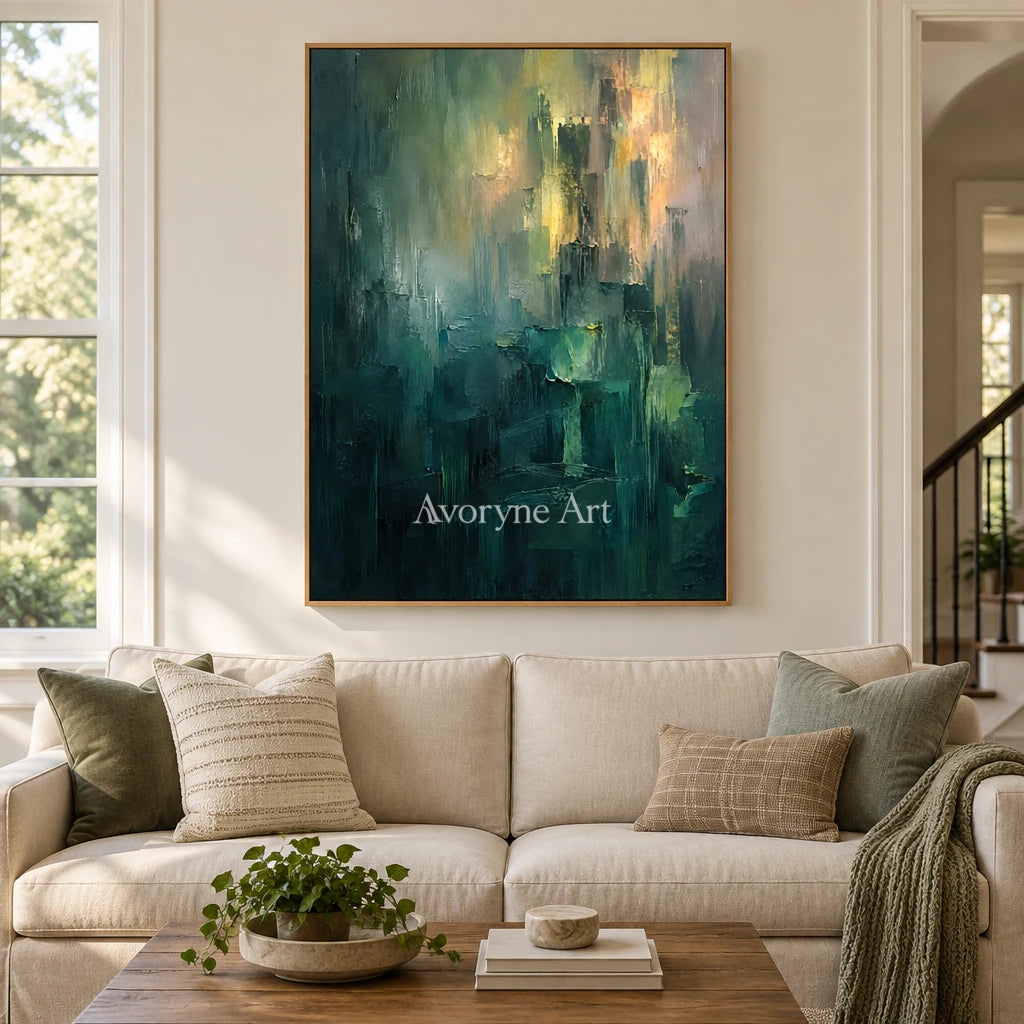 Verdant Glimmer: Green Abstract Layers Wall Art — villa wood