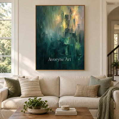 Verdant Glimmer: Green Abstract Layers Wall Art — villa wood