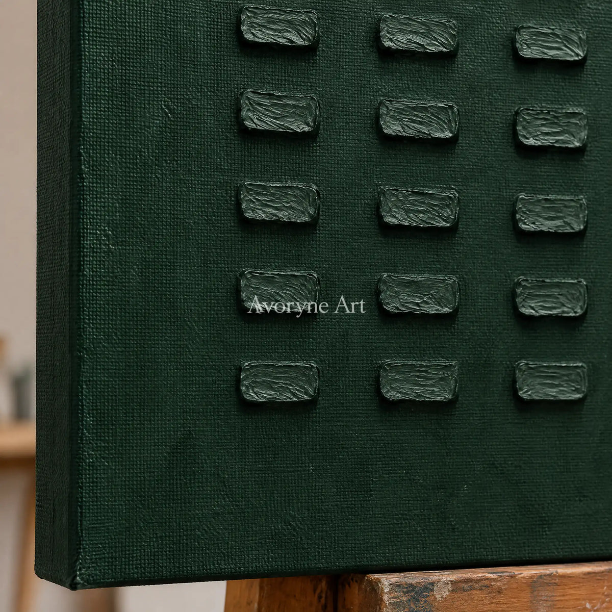 Aster Heath: Green Block Relief — detail easel