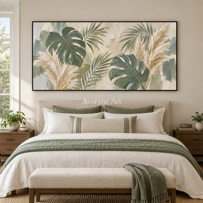 Tropical Stillness: Green Botanical Panoramic Art — bedroom black