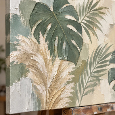 Tropical Stillness: Green Botanical Panoramic Art — detail easel
