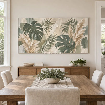 Tropical Stillness: Green Botanical Panoramic Art — dining white