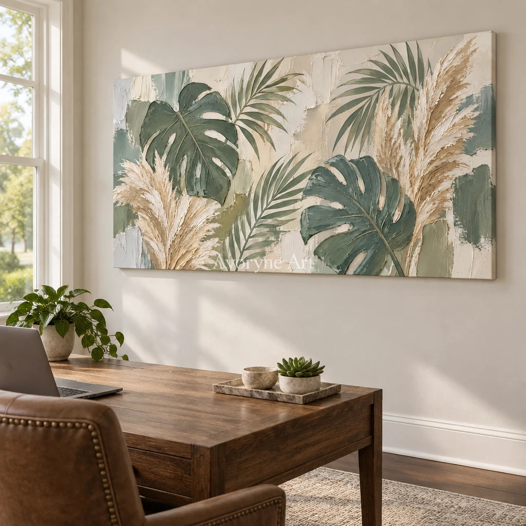 Tropical Stillness: Green Botanical Panoramic Art — office frameless