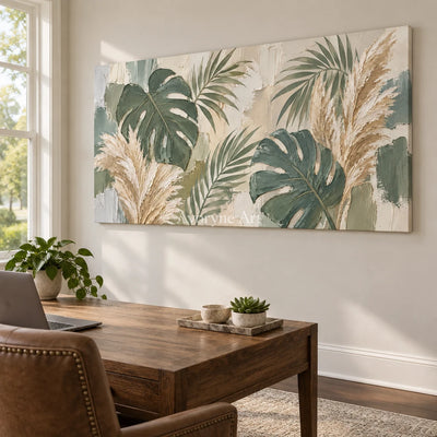 Tropical Stillness: Green Botanical Panoramic Art — office frameless