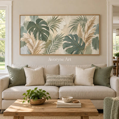 Tropical Stillness: Green Botanical Panoramic Art — villa wood