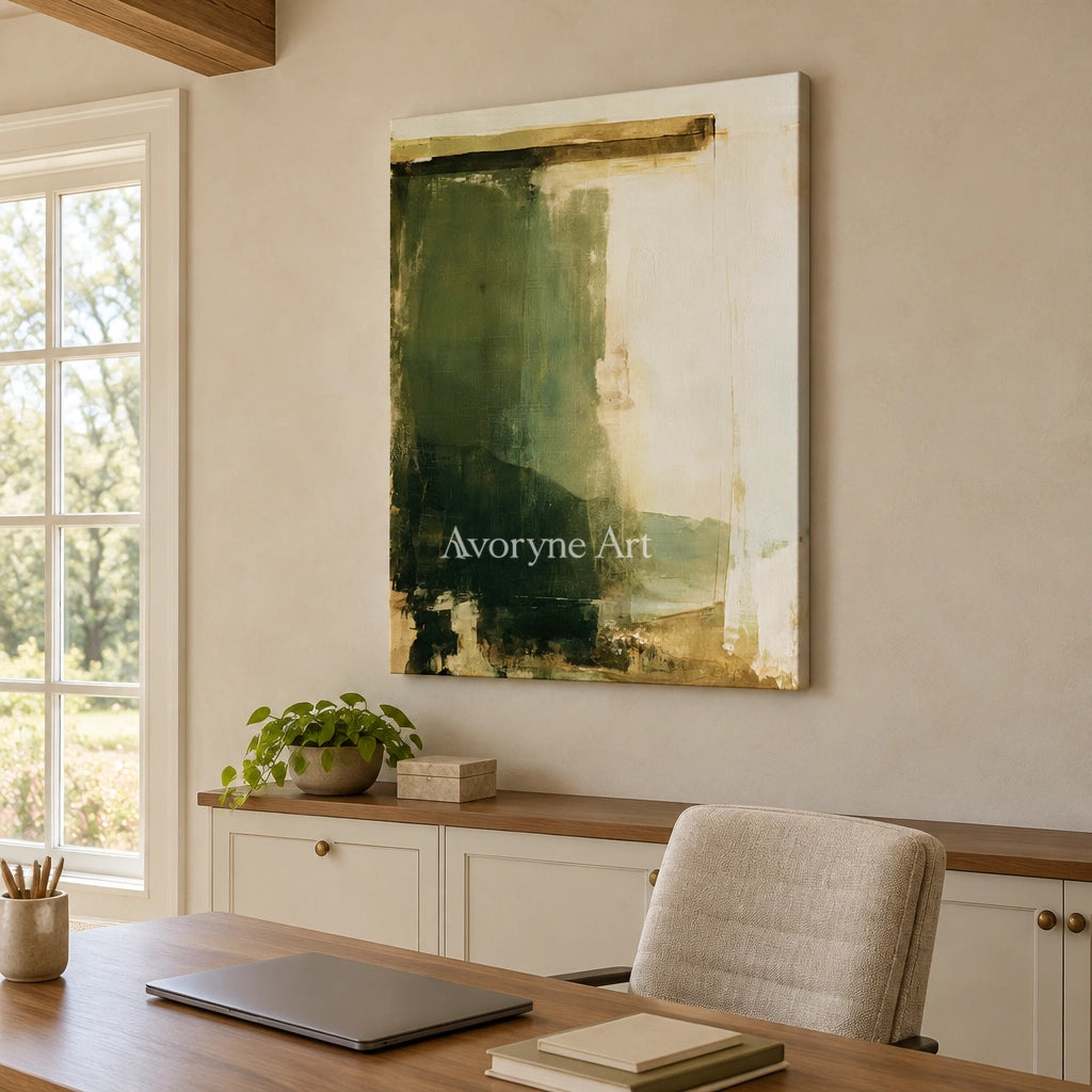 Ivory Lucent Poem: Green Brush Abstract — office frameless
