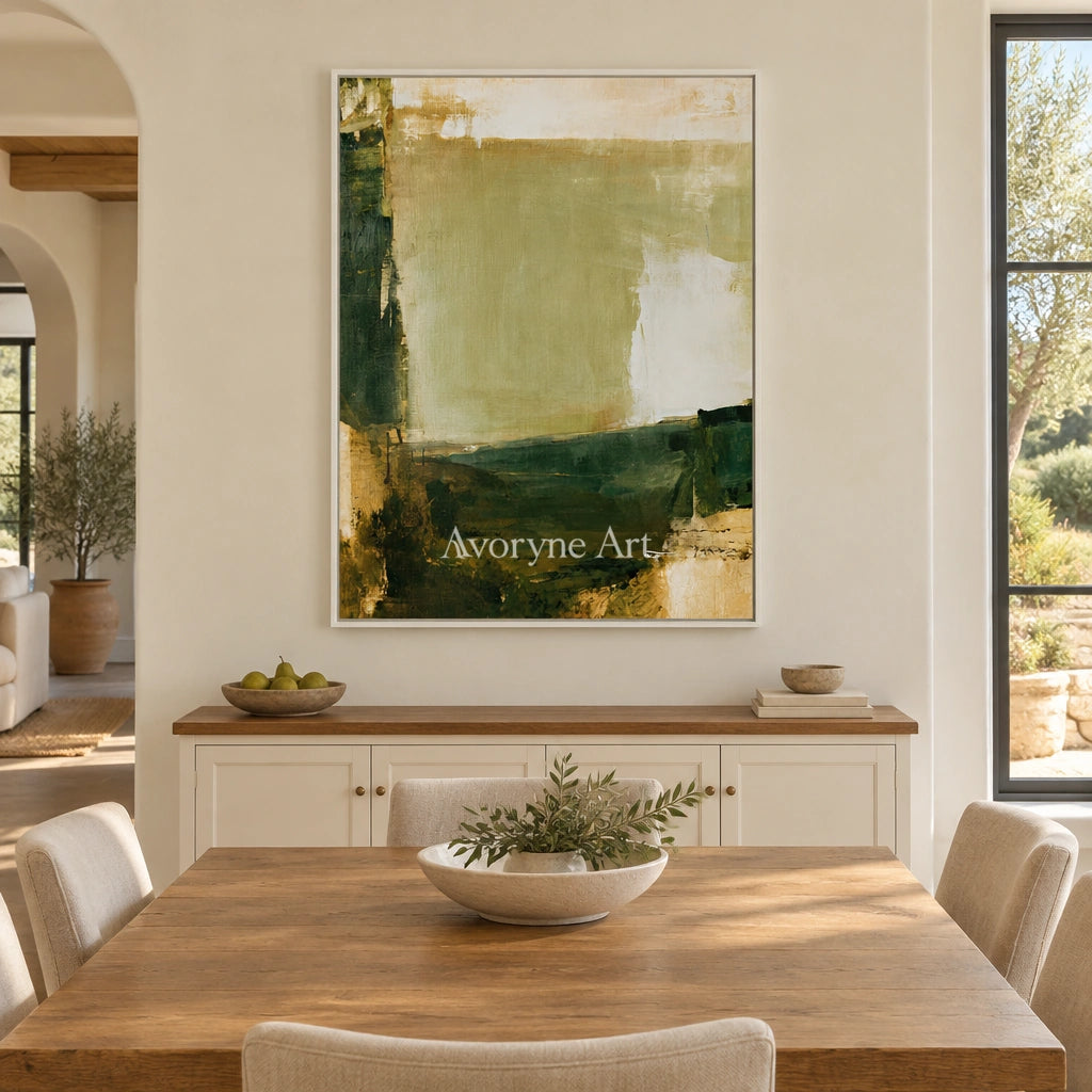 Ivory Winding Refrain: Green Brush Abstract — dining white