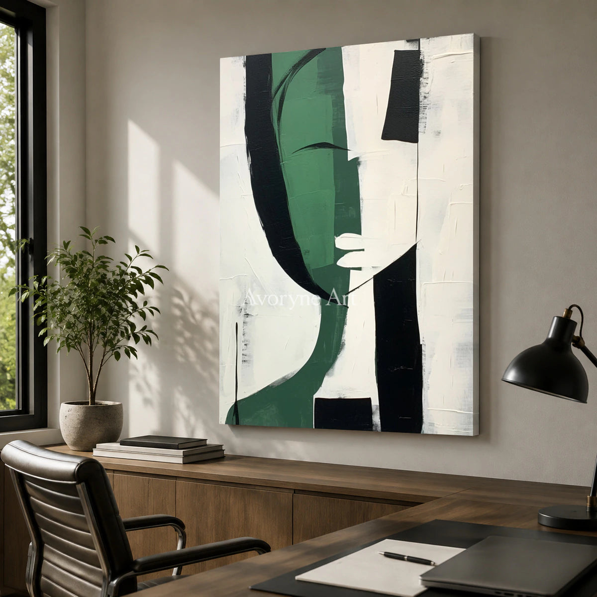 Emerald Persona: Green Cubist Figure Wall Art — office frameless