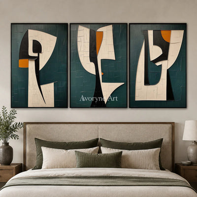 Threefold Dialogue: Green Cubist Portrait Triptych Wall Art — bedroom black