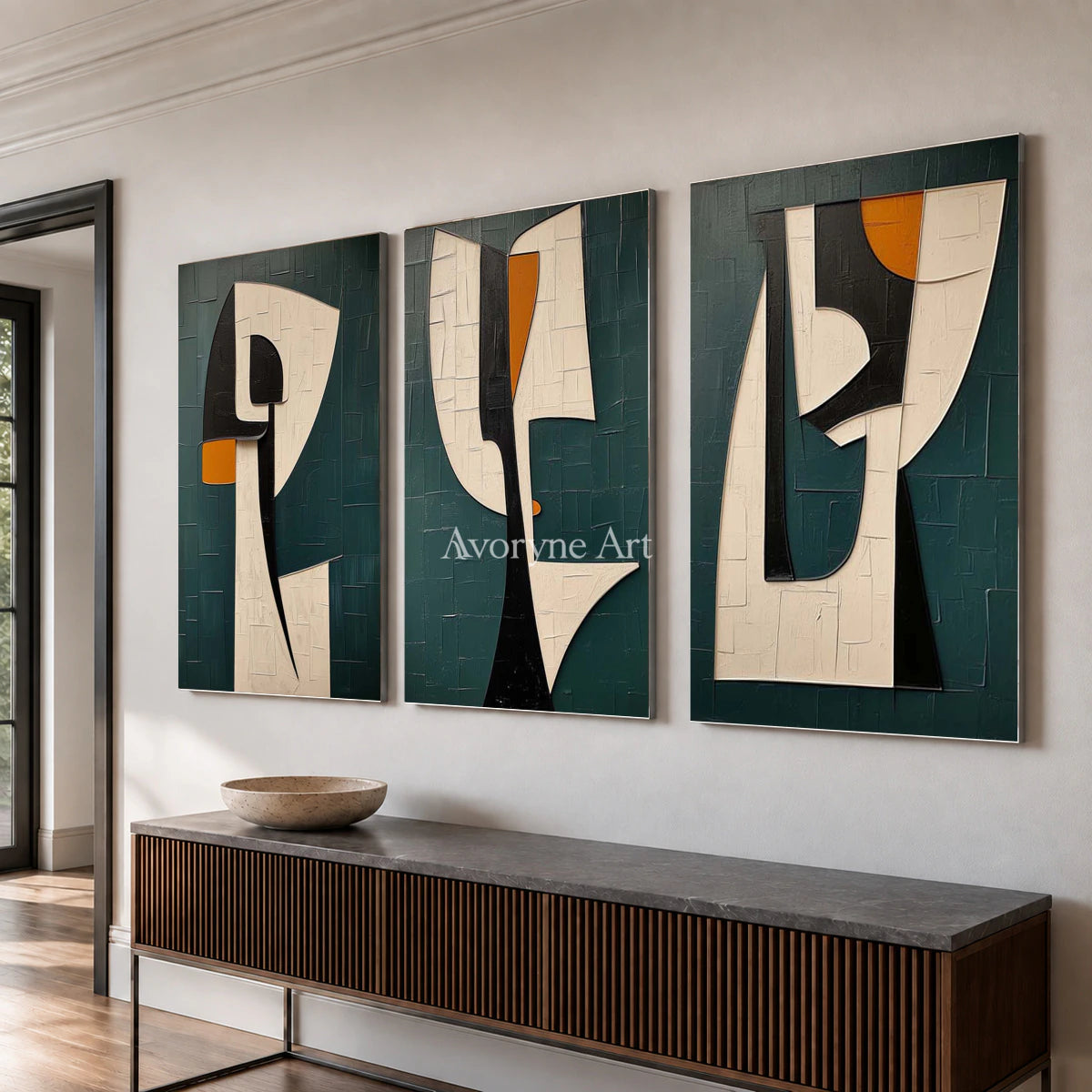 Threefold Dialogue: Green Cubist Portrait Triptych Wall Art — entry silver