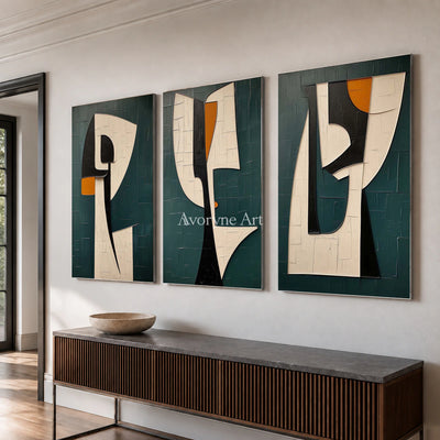 Threefold Dialogue: Green Cubist Portrait Triptych Wall Art — entry silver